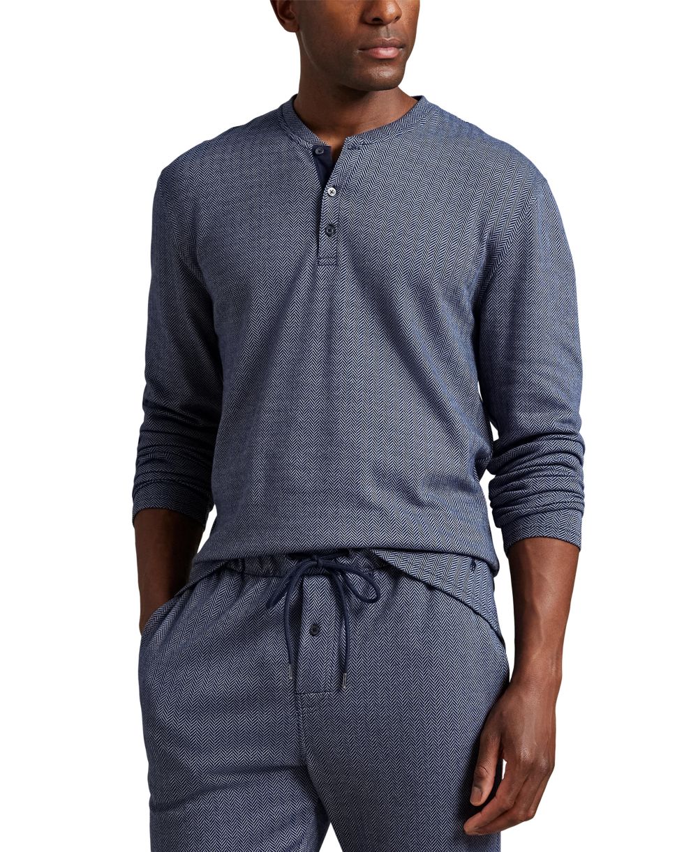 Men's Long Sleeve Herringbone Henley Sleep Shirt