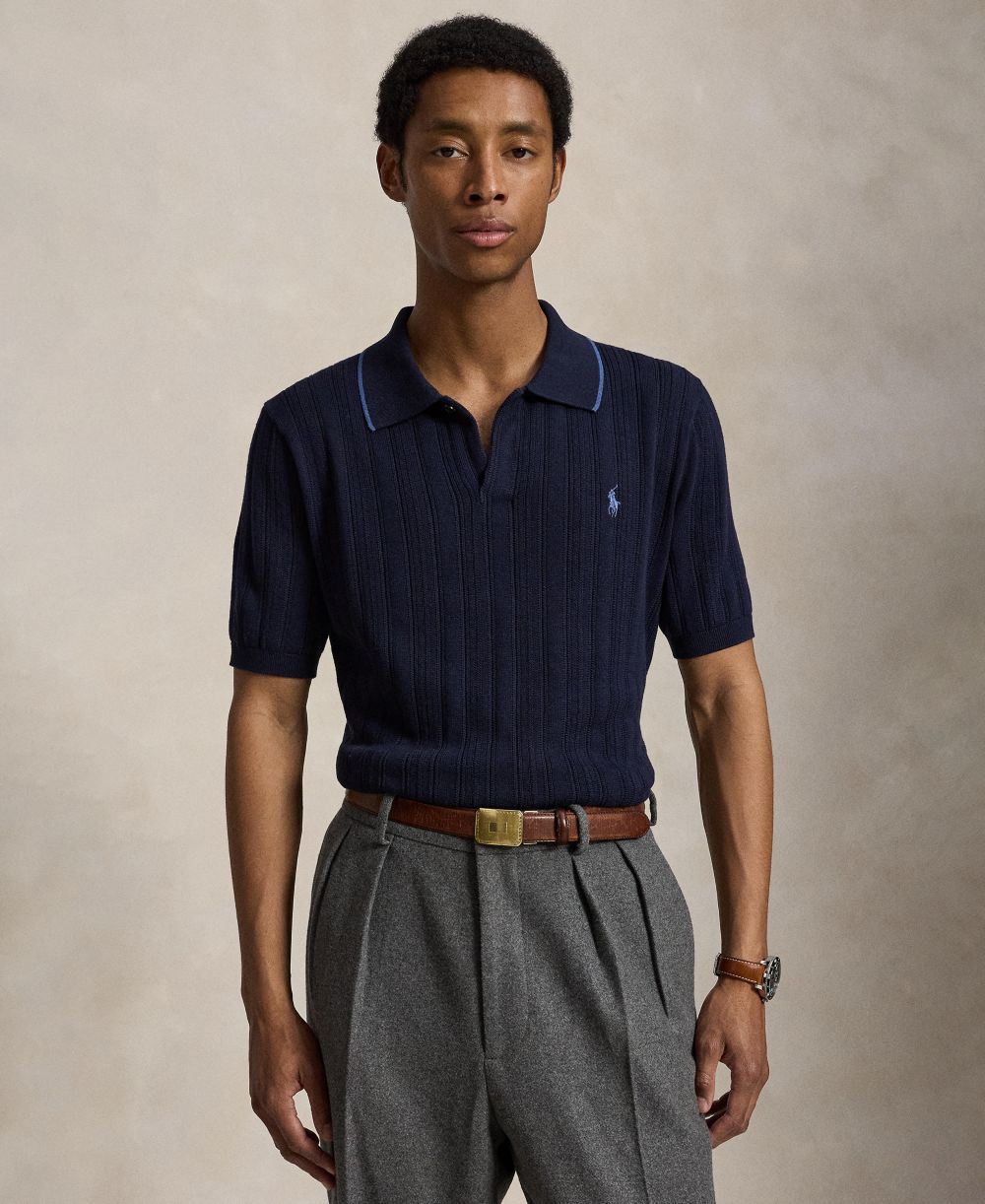 Men's Textured Cotton Polo Shirt